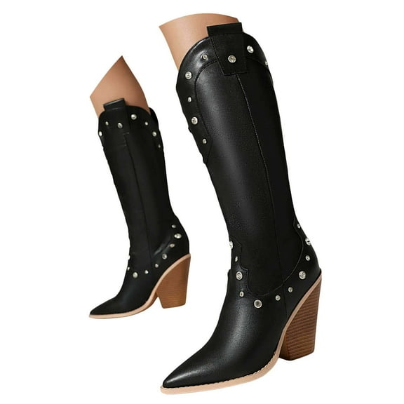 Mostsola Studded Cowboy Boots for Women Stacked High Heel Mid Calf Boots Pointy Toe Booties