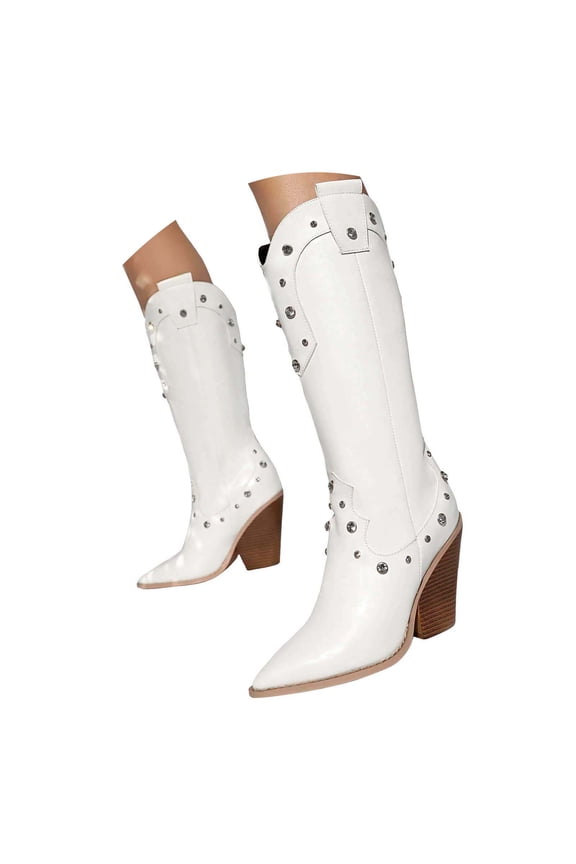 Studded Cowboy Boots for Women Stacked High Heel Mid Calf Boots Pointy Toe Booties
