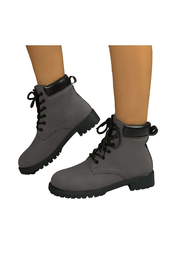 Suede Combat Boots Womens Lug Sole Lace up Low Heel Ankle Boots Retro Round Toe Booties