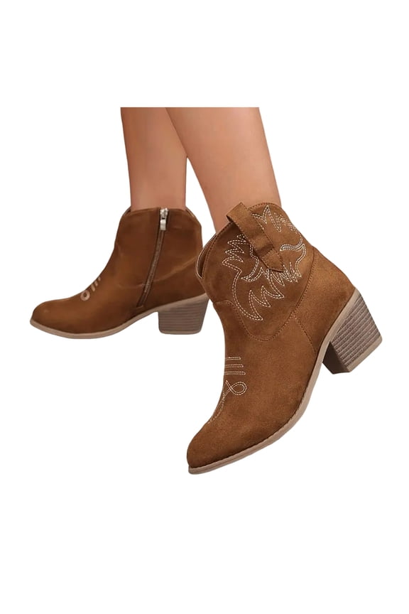 Suede Cowboy Boots for Women Heel Embroidered Ankle Boots Round Toe Zipper Booties