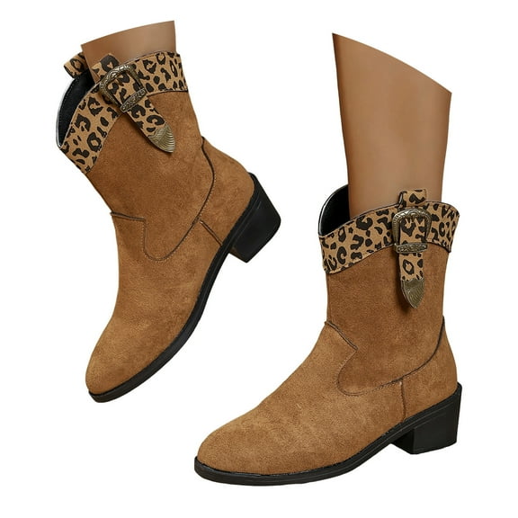 Mostsola Suede Cowboy Boots for Women Heel Mid Calf Boots Leopard Print Riding Boots