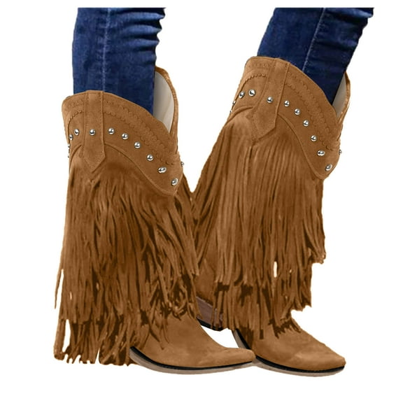 Mostsola Suede Cowboy Boots for Women Pull on Western Fringe Chunky Heel Wide Mid Calf Boots