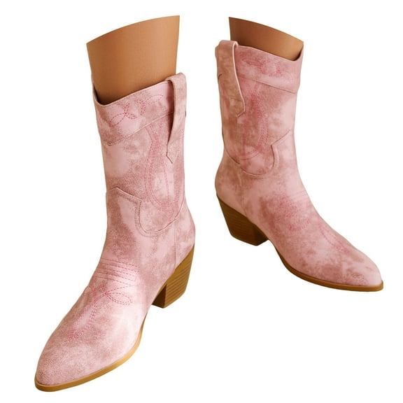 Mostsola Suede Cowboy Boots for Women Wide Calf Embroidered Pull on Pointed Toe Mid Calf Boots