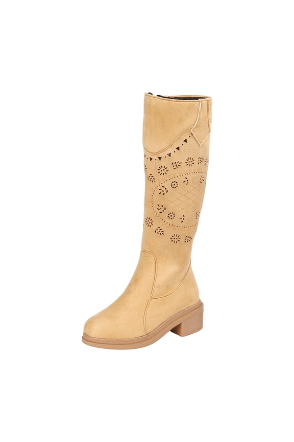 Suede Knee High Boots Women Fashion Hollow out Round Toe Zip up Mid Calf Western Boots