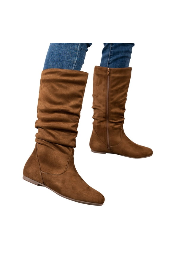 Suede Slouchy Boots for Women Zip up Flat Boots Brown Short Boots Round Toe Mid Calf Boots