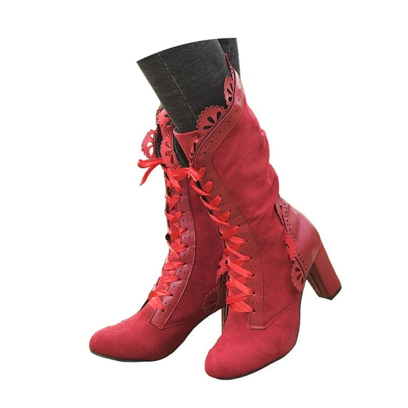 Mostsola Victorian Boots for Women Vintage Lace Low Heel 70s Witch Boots Lace up Mid Calf Booties