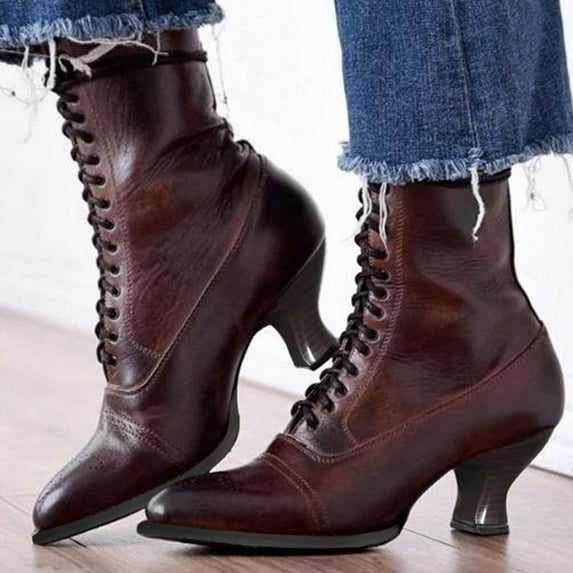 Mostsola Vintage Mid Calf Boots for Women Lace up Classic Kitten Heel 70s Dressy Victorian Boots