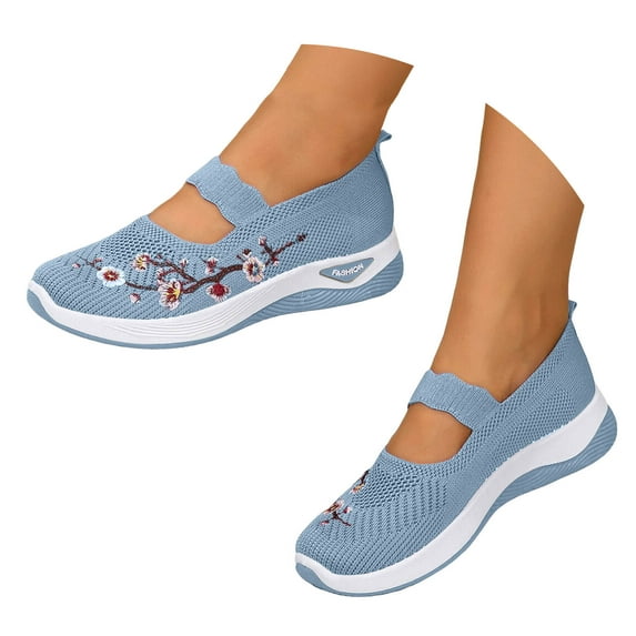 Mostsola Walking Shoes Women Embroidery Flower Mary Jane Flats Knit Mesh Breathable Sneakers