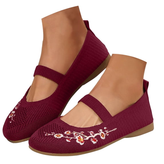 Mostsola Walking Shoes Women Knit Mesh Embroidery Flower Mary Jane Shoes Casual Flats Shoes