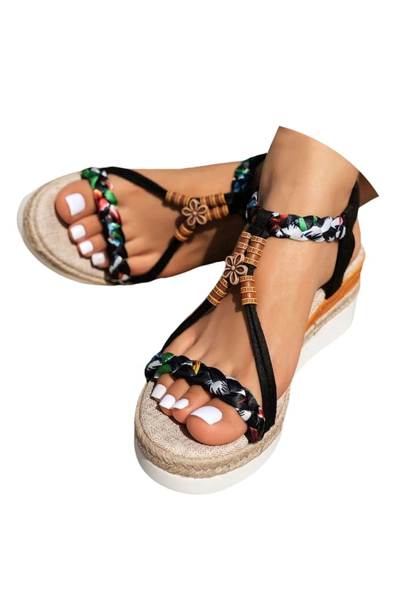 Wedge Espadrilles for Women Platform Sandals Open Toe Boho Beaded Slingback Heels