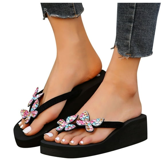 Mostsola Wedge Flip Flops for Women Platform Thong Sandals with Butterfly Rhinestone Slip on Slides