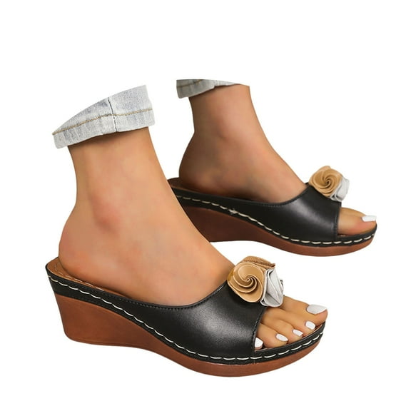 Mostsola Wedge Heels for Women Open Toe Flower Backless Slides Slip on Summer Dress Shoes Sandals