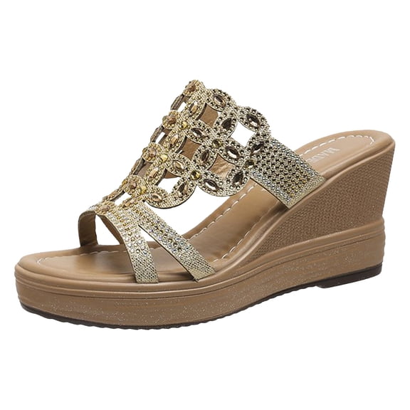 Mostsola Wedge Sandals Slides for Women Lightweight Hollow Out Rhinestone Sparkly Dressy Sandals