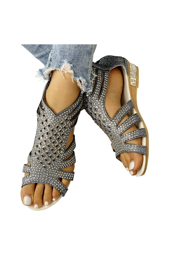 Wedge Sandals for Women 2025 Hollow out Rhinestone Gladiator Sandals Peep Toe Dress Shoes