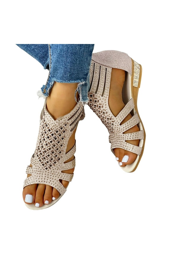 Wedge Sandals for Women 2025 Hollow out Rhinestone Gladiator Sandals Peep Toe Dress Shoes