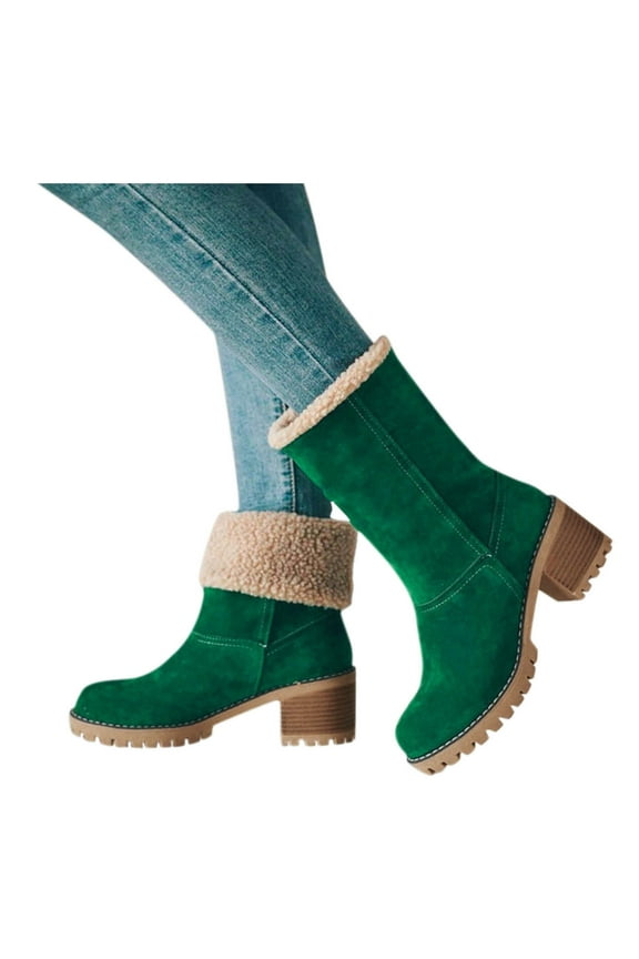 Winter Boots for Women Comfortable Pull on Suede Mid Calf Boots Stacked Heel Ankle Booties