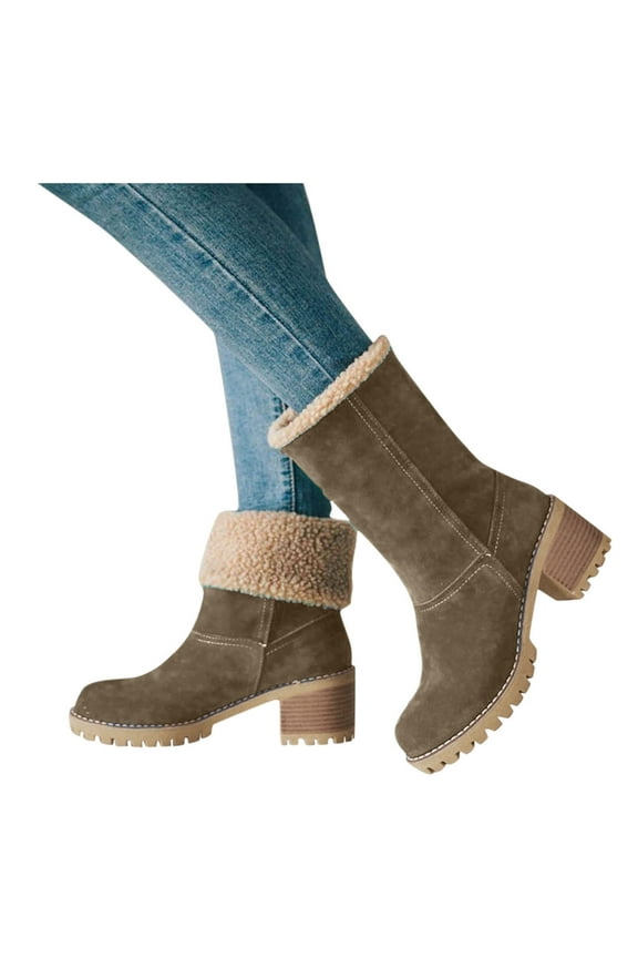 Winter Boots for Women Comfortable Pull on Suede Mid Calf Boots Stacked Heel Ankle Booties