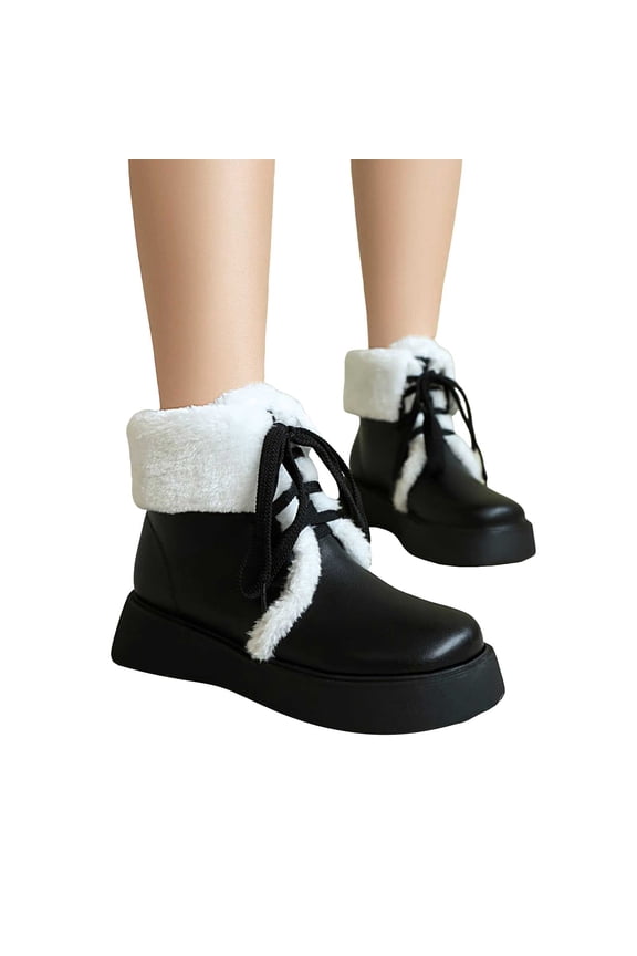 Winter Boots for Women Lace up Platform Plush Fuzzy Snow Boots Round Toe Short Booties