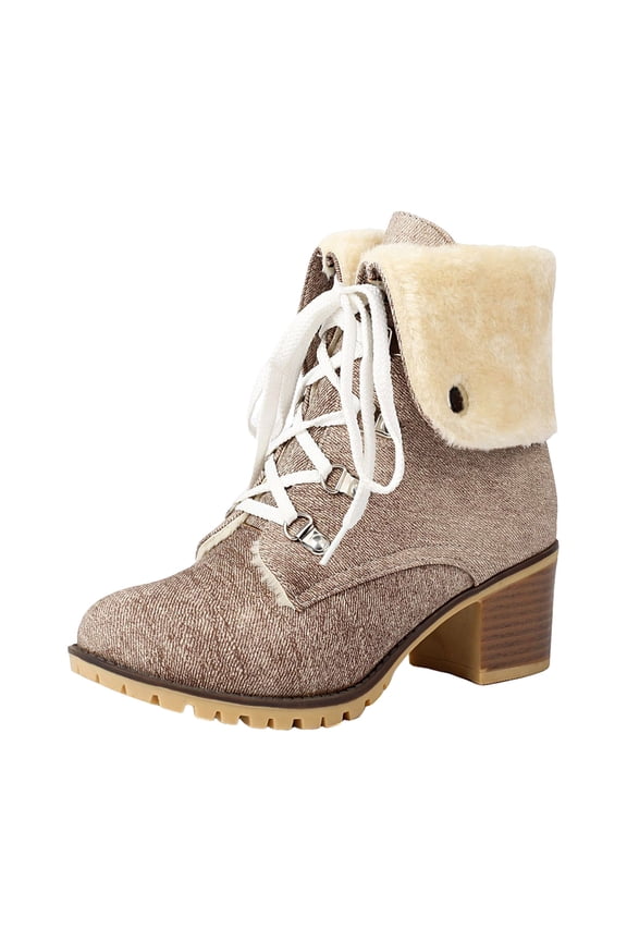Winter Snow Boots for Women Warm Furry Lined Lug Sole Stacked Heel Lace up Short Booties