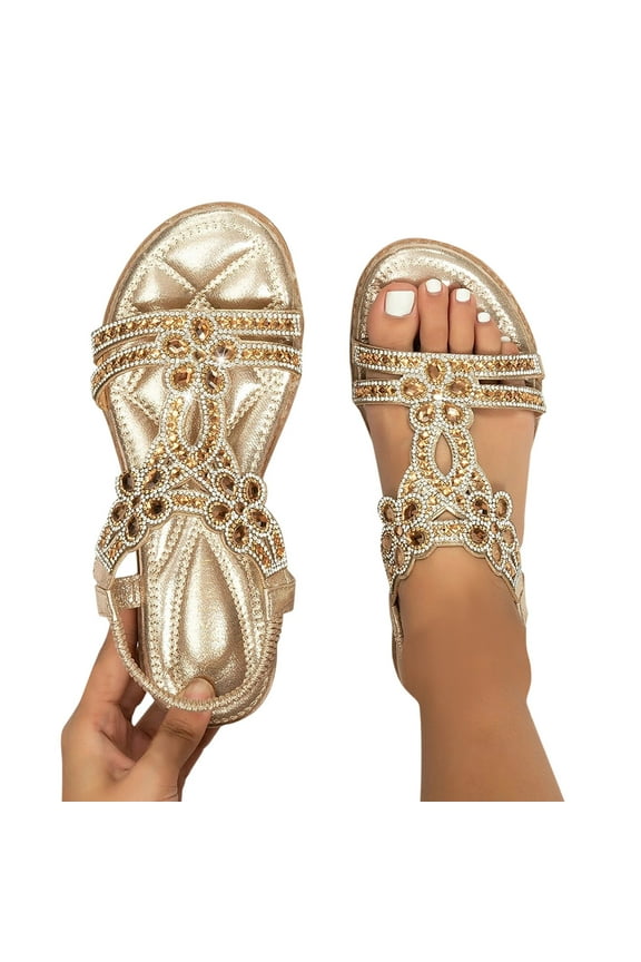 Women Rhinestone Sandals T-Strap Bohemian Beaded Flat Sandals Elastic Ankle Strap