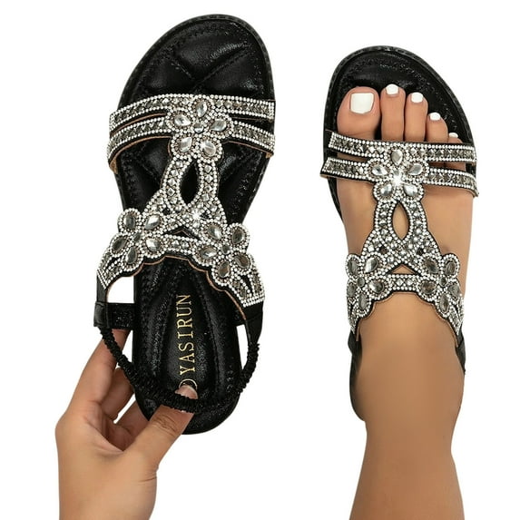 Mostsola Women Rhinestone Sandals T-Strap Bohemian Beaded Flat Sandals Elastic Ankle Strap