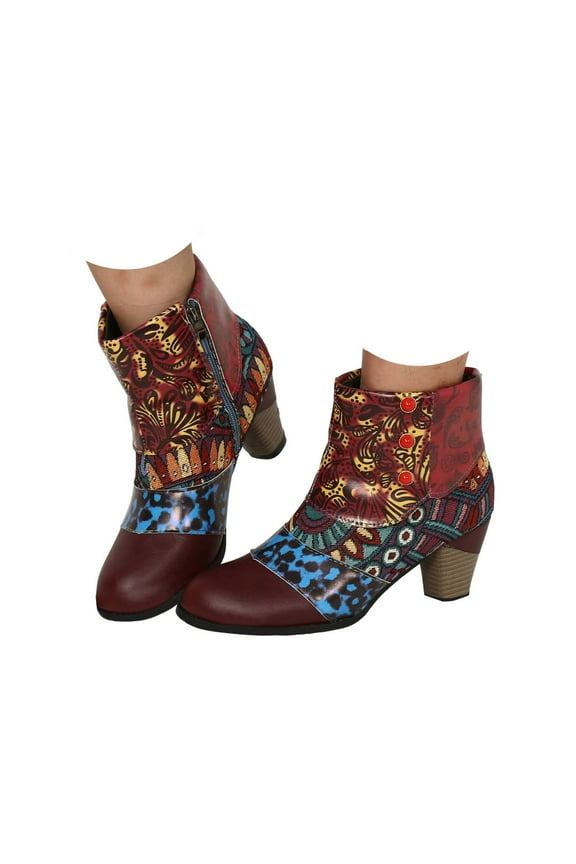 Women's Ankle Boots Boohemian Print Short Boots Heeled Zip up Trendy Round Toe Booties