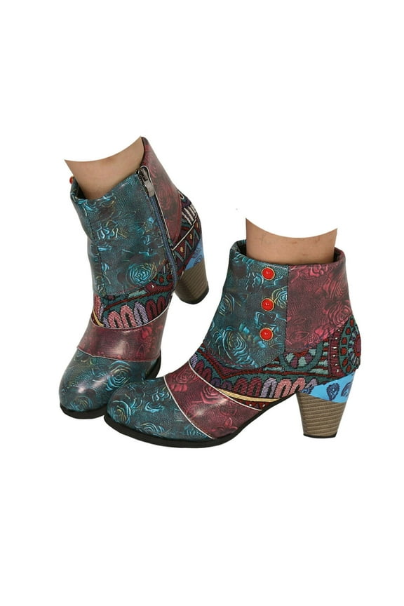 Women's Ankle Boots Boohemian Print Short Boots Heeled Zip up Trendy Round Toe Booties