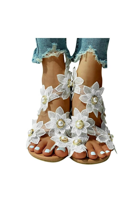 Flower Pearl Flip Flops for Women Clip Toe Ring Flats Sandals Casual Slip on Beach Shoes