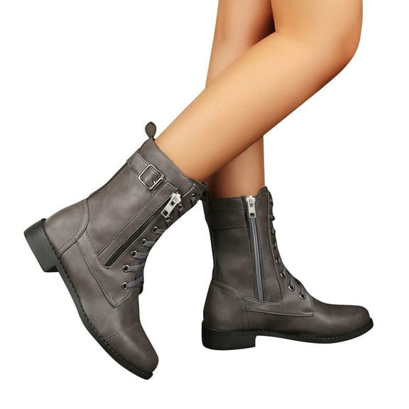 Mostsola Women's Combat Boots Lace up Motorcycle Boots Zipper Mid Calf Booties with Wallet Pocket