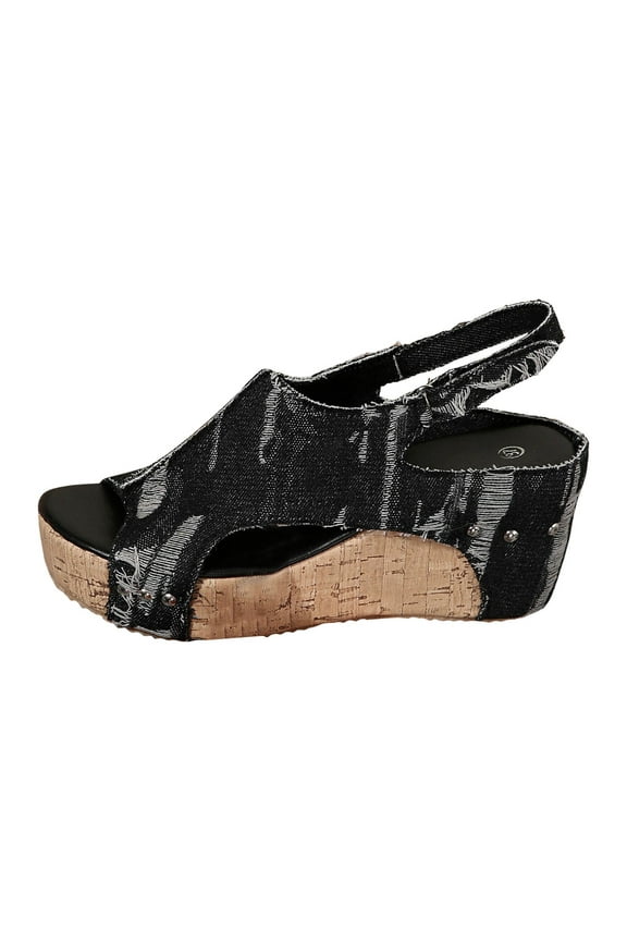 Women's Denim Wedge Sandals Peep Toe Slip on Platform Cork Mules Casual Backless Clogs