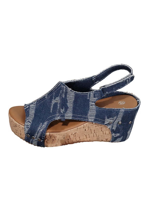 Women's Denim Wedge Sandals Peep Toe Slip on Platform Cork Mules Casual Backless Clogs
