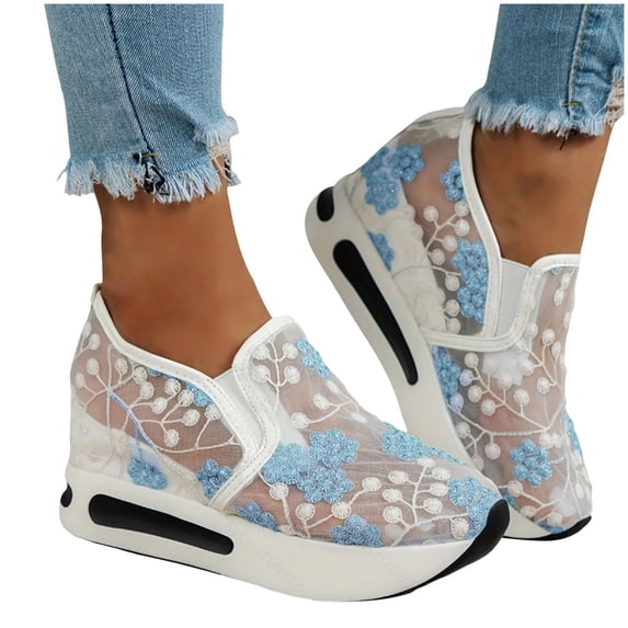 Mostsola Women's Fashion Sneakers Slip on Walking Shoes Floral Lace Mesh Wedge Sneakers