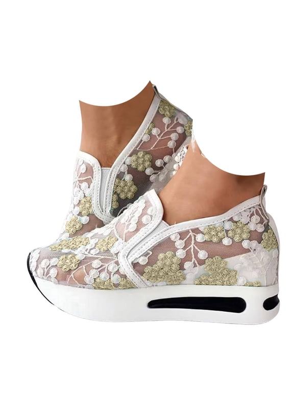 Women's Fashion Sneakers Slip on Walking Shoes Floral Lace Mesh Wedge Sneakers