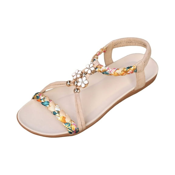 Mostsola Women's Flat Sandals Flower Braided Comfort Bohemian Elastic Ankle Strap Walking Sandals