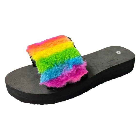 Mostsola Women's Flat Sandals Rainbow Plush Band Slides Lightweight Open Toe Slip on Slippers