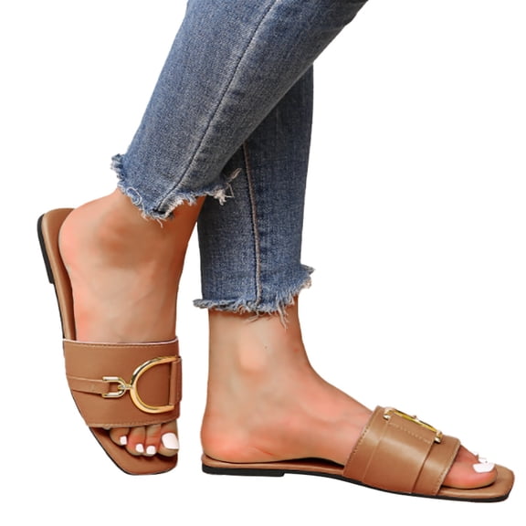 Mostsola Women’s Flat Sandals Square Open Toe Single Band Slides with Metal Chain Slip on Slippers