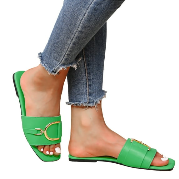 Mostsola Women’s Flat Sandals Square Open Toe Single Band Slides with Metal Chain Slip on Slippers
