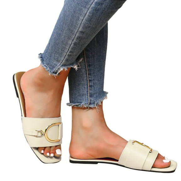 Mostsola Women’s Flat Sandals Square Open Toe Single Band Slides with Metal Chain Slip on Slippers