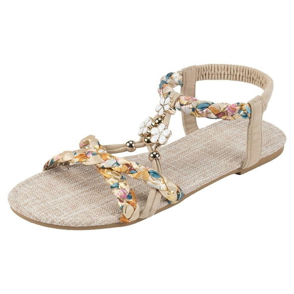 Mostsola Women's Flat Sandals Summer Bohemia Braided Beaded Beach Shoes Elastic Ankle Strap Sandals