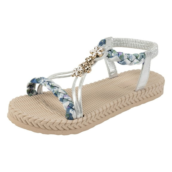 Mostsola Women's Flat Sandals Summer Bohemia Braided Beaded Beach Shoes Elastic Ankle Strap Sandals