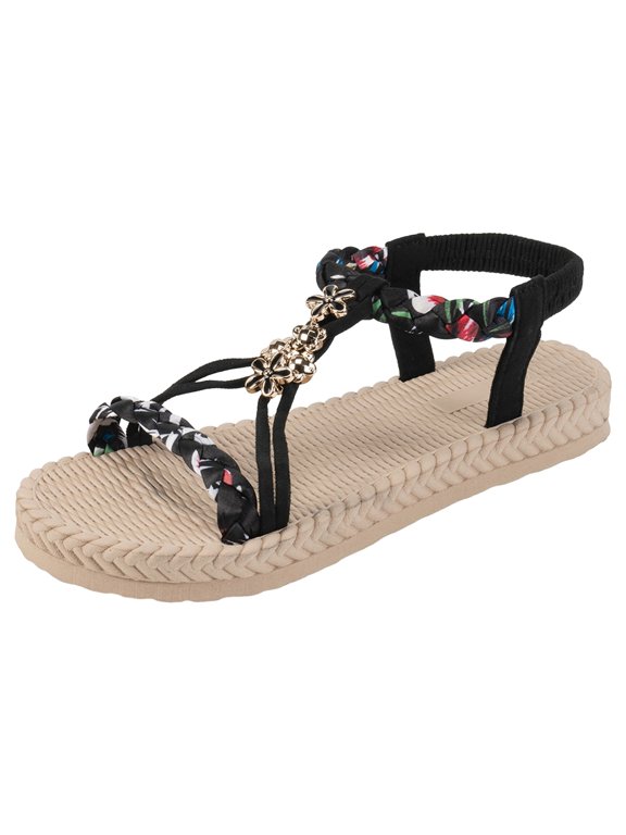Women's Flat Sandals Summer Bohemia Braided Beaded Beach Shoes Elastic Ankle Strap Sandals