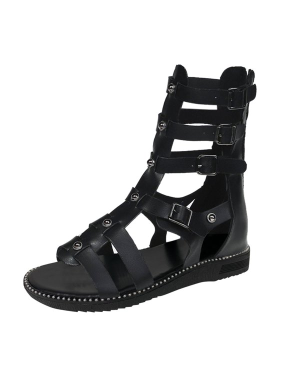 Women's Gladiator Flat Sandals Caged Strappy Open Toe Back Zipper Summer Dressy Sandals
