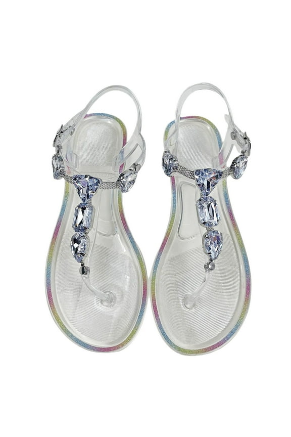 Women's Jelly Sandals Rhinestone T-Strap Flip Flops Flats Adjustable Slingback Sandals