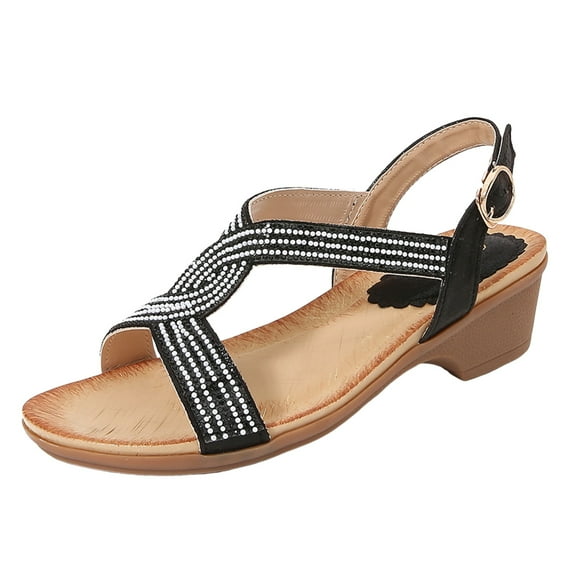 Mostsola Women's Low Heel Wedge Sandals Open Toe Rhinestone Strappy Dressy Sandals with Ankle Strap