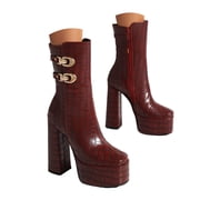 JHOKCI Womens Platform Ankle Boots Square Toe Chunky Heel Zip up GoGo Boots Fashion Fall Booties