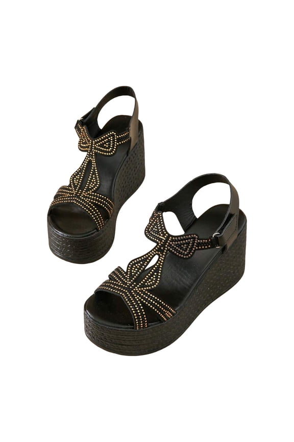 Women's Platform Sandals Open Toe Rhinestone T-Strap Wedges Slingback Flatform Shoes