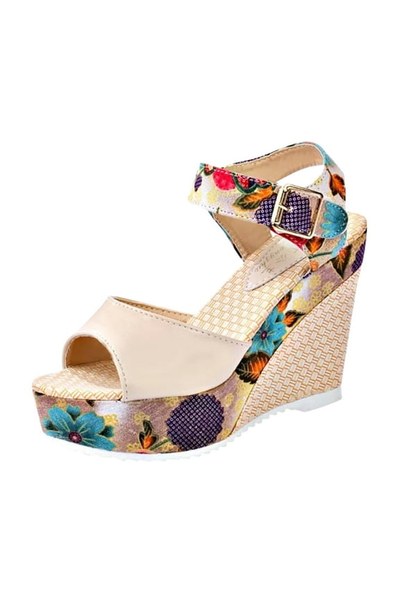 Women's Platform Wedge Sandals Peep Toe Ankle Strap Slingback High Heel Dress Shoes Beige 6.5