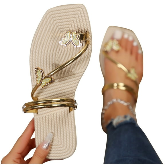Mostsola Women's Slide Sandals Square Toe Lightweight Toe Ring Rhinestone Butterfly Strappy Flats