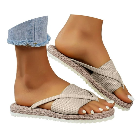 Mostsola Women's Slides Flat Sandals Comfortable Slip on Straw Flip Flops Dressy Summer Shoes