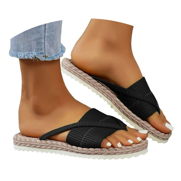 Mostsola Women's Slides Flat Sandals Comfortable Slip on Straw Flip Flops Dressy Summer Shoes